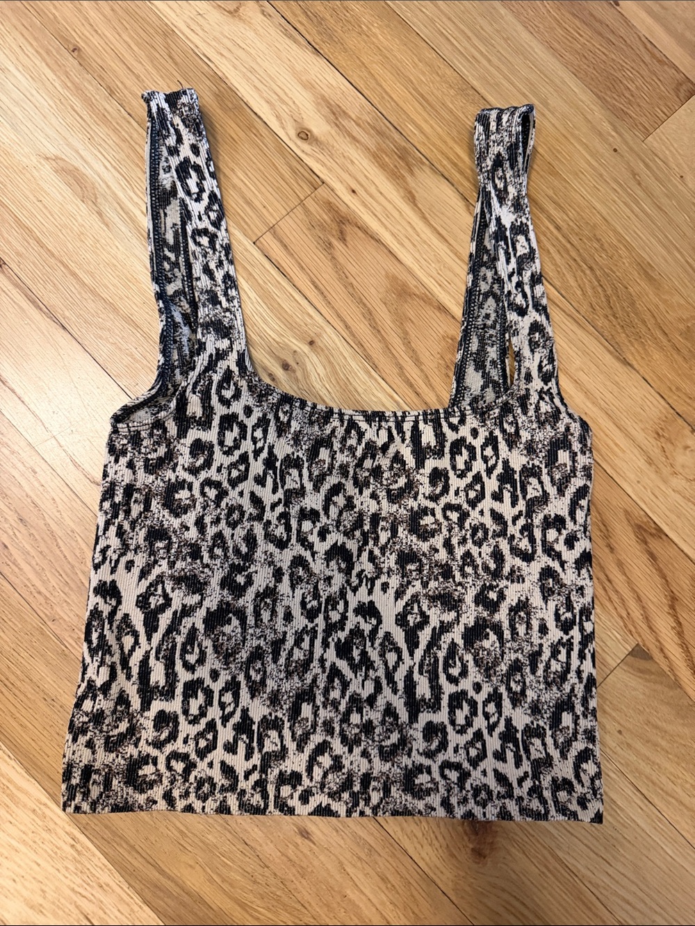 Anthropologie Black and Beige Leopard-Print Ribbed Tank